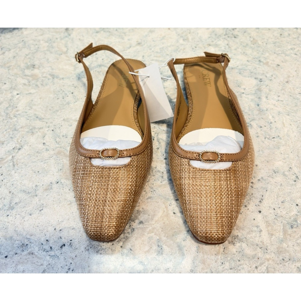 J CREW Woven slingback flats Natural Raffia Brown Leather Trim 7M NwT